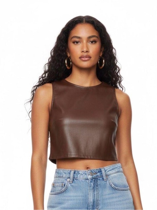 KIRIOUS LOS ANGELES Tops - Kirious Brown Faux Leather Cropped Tank Top